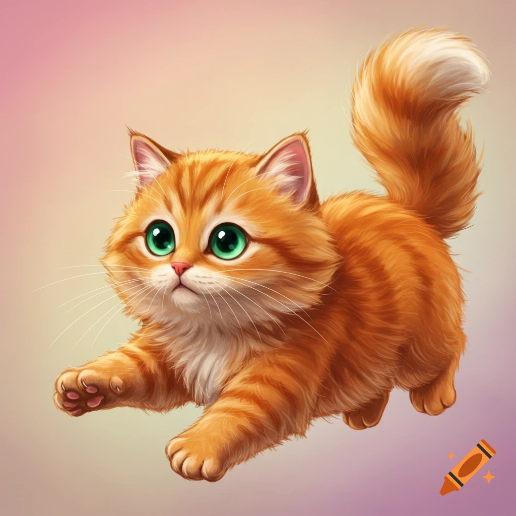A cute orange kitten with large green eyes, batting its paws forward.