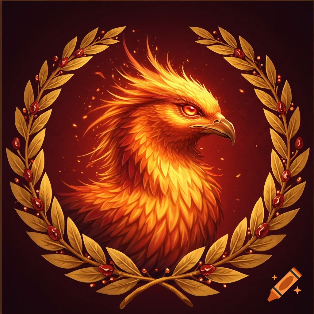 Fiery phoenix head in a gold laurel wreath.
