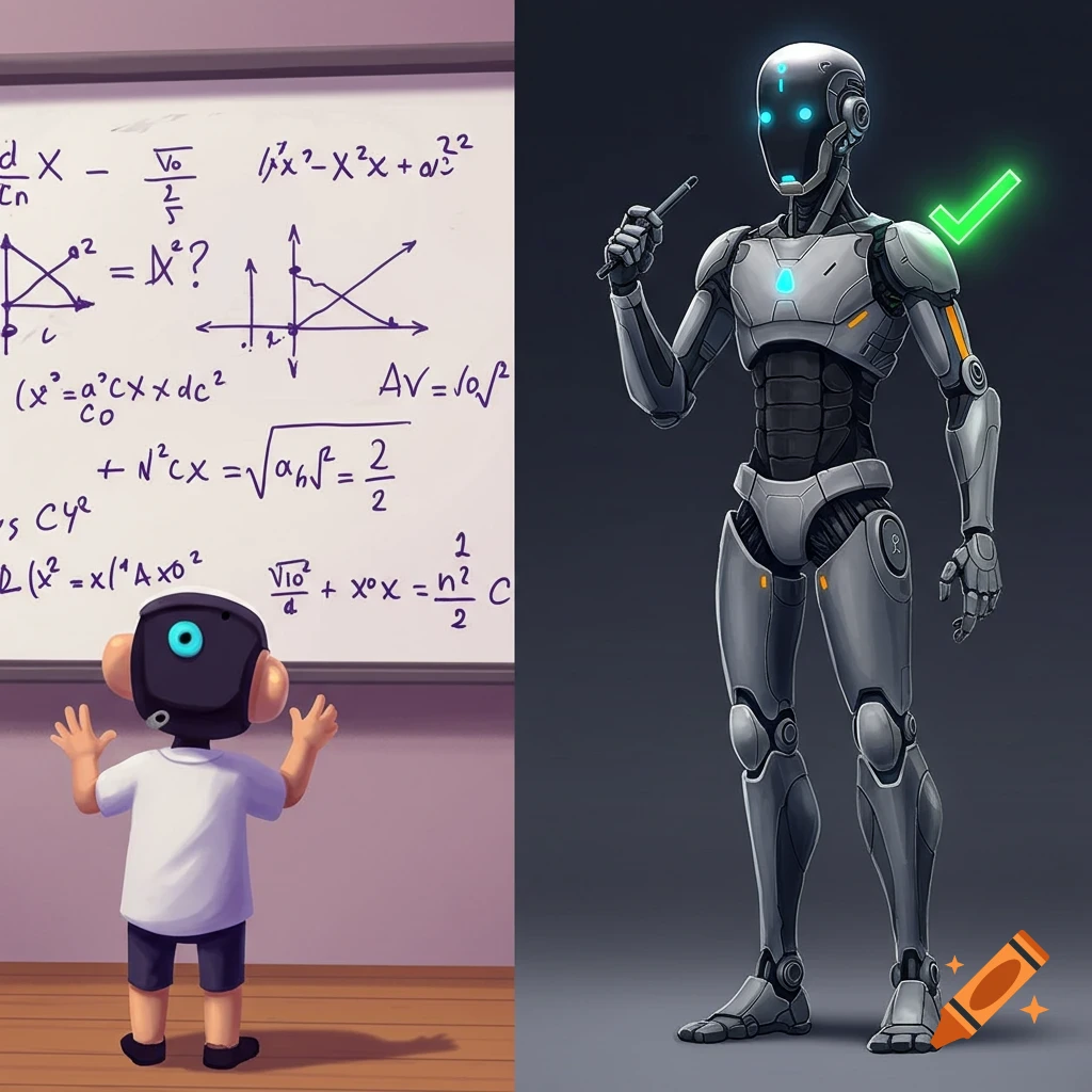 A small robot is looking at a whiteboard covered in math, and a large robot is solving the problems side-by-side.