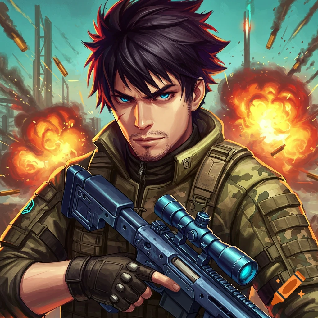 Anime portrait of a soldier in tactical gear with a sniper rifle, set against explosions and flying bullets.