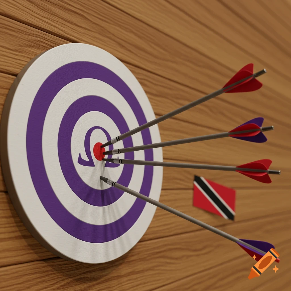 Five arrows hit a target with a purple Omega symbol and a Trinidad & Tobago flag on a wooden wall.