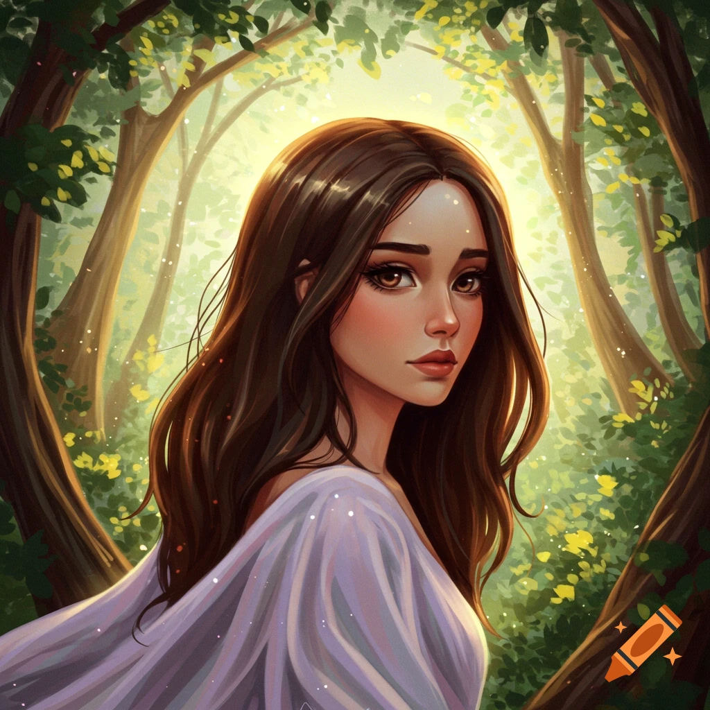 A woman in a white dress stands in a sunlit forest.
