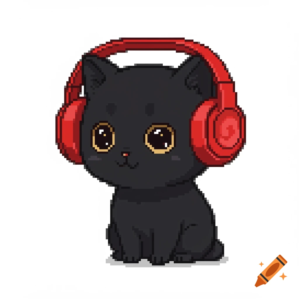 Pixel art of a black cat wearing red headphones.