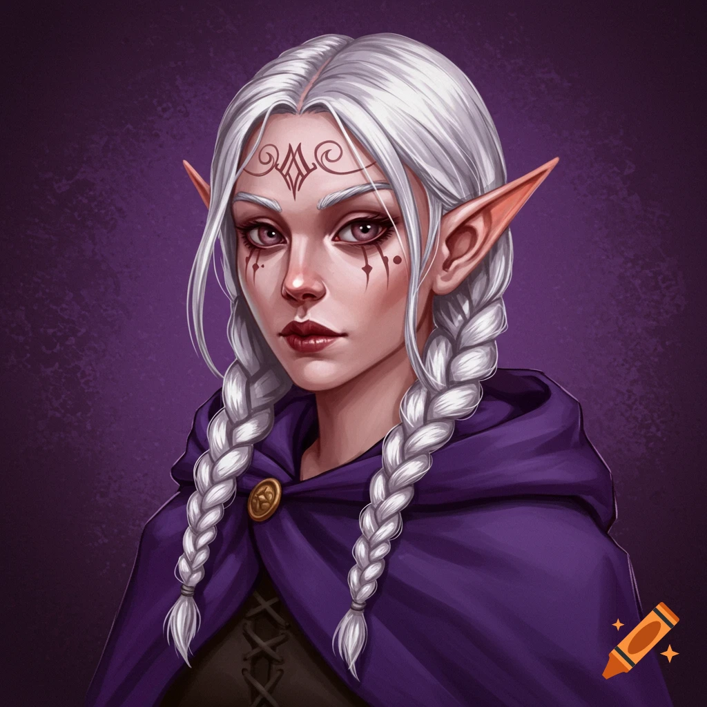 A portrait of a female elf with silver braids and a purple cloak.