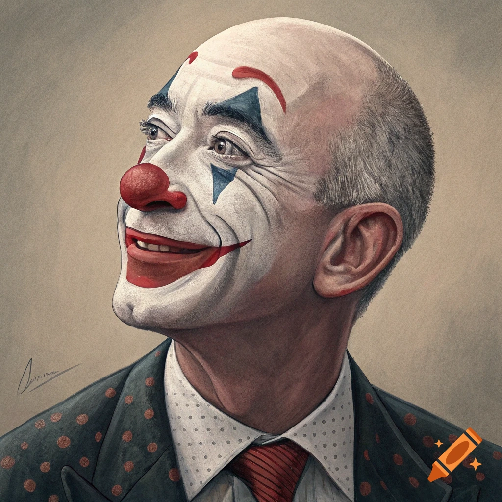 Painted portrait of a bald man, likely Jeff Bezos, wearing white clown makeup with red nose and details, a spotted suit, and red tie.