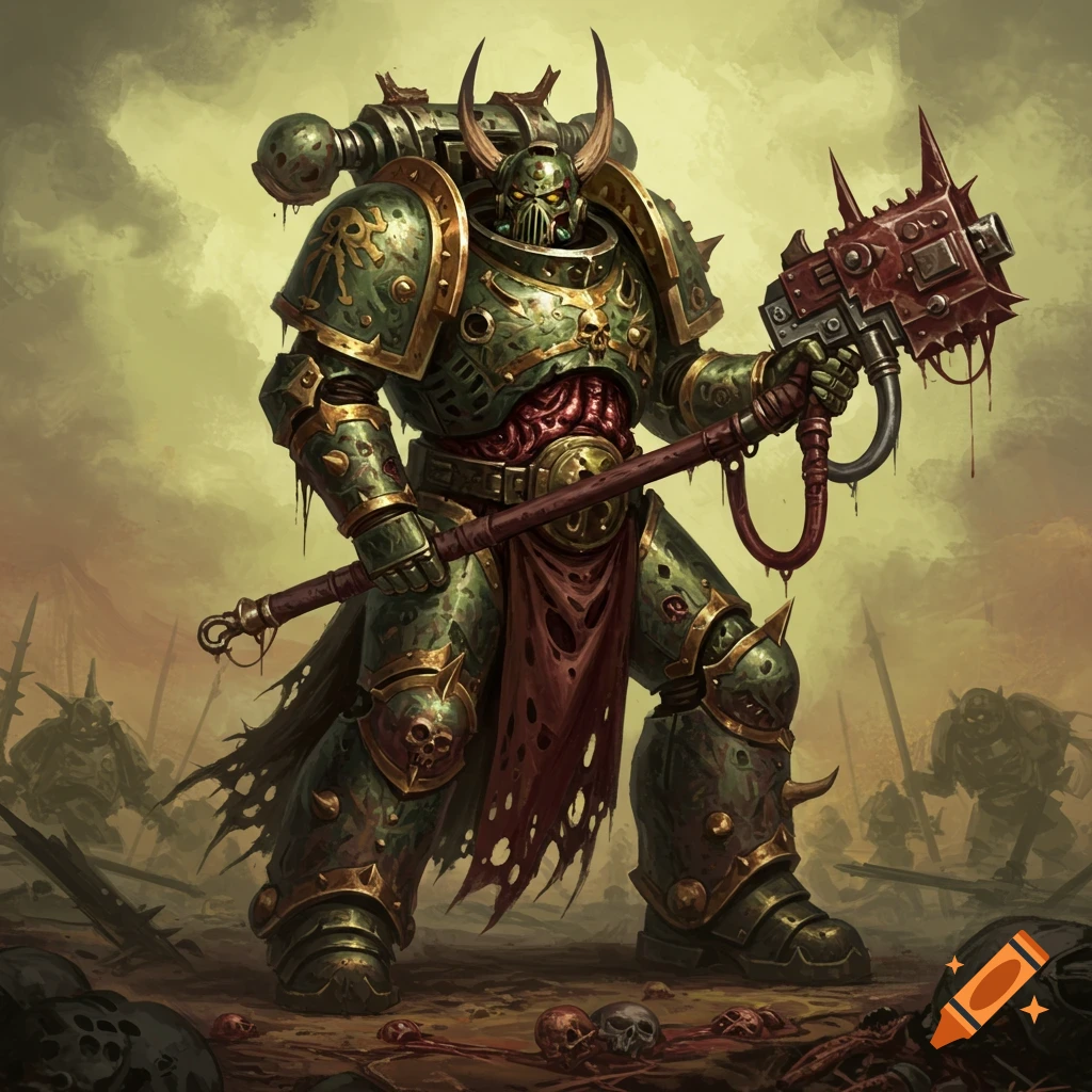 A heavily armored Plague Marine stands on a battlefield holding a large hammer.