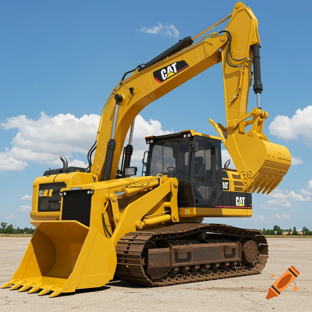 Large yellow Caterpillar excavator under a blue sky