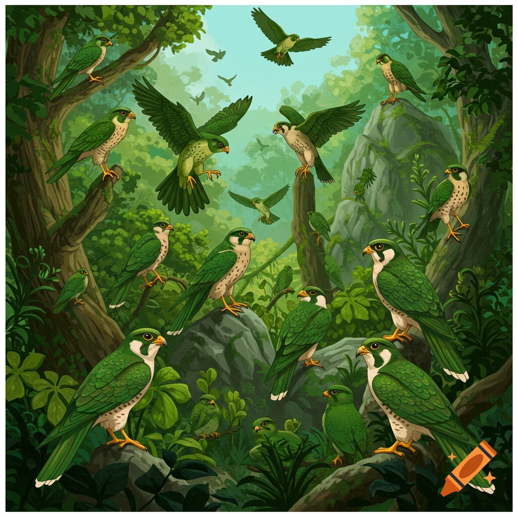 Many green falcons are perched and flying in a lush forest.