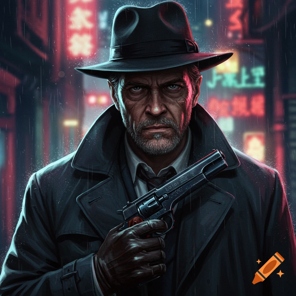 Gritty man in a trench coat and fedora holding a gun in a rainy city street