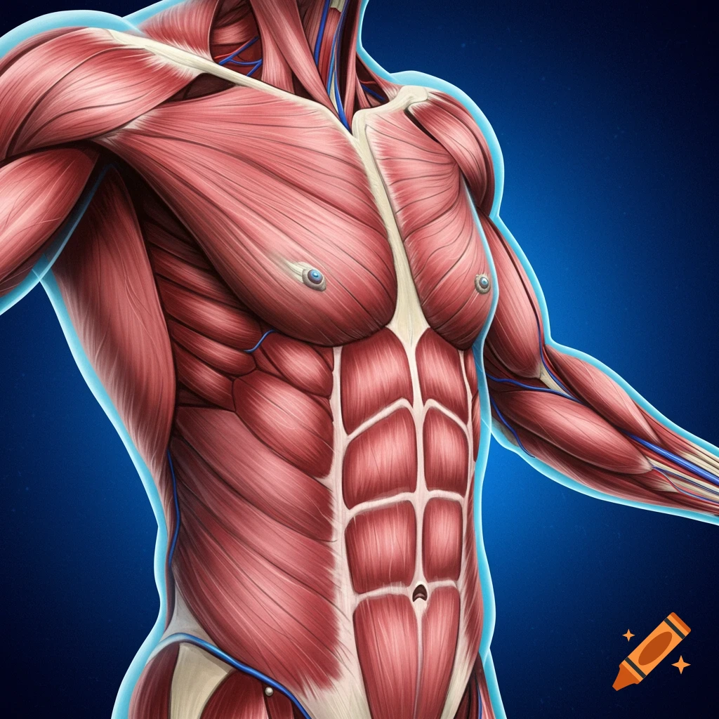 Human muscle anatomy of the torso and arms.