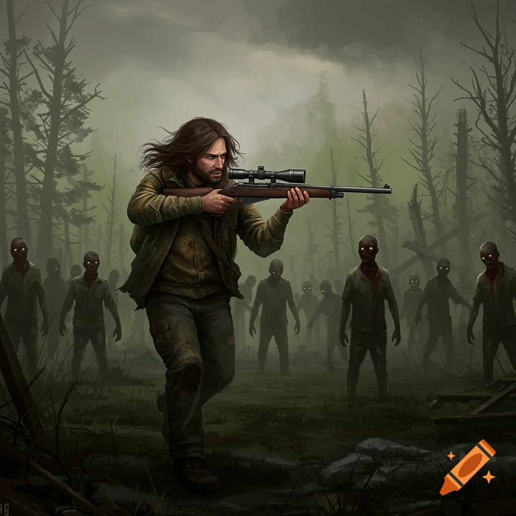 A man aims a rifle at zombies in a dark forest.