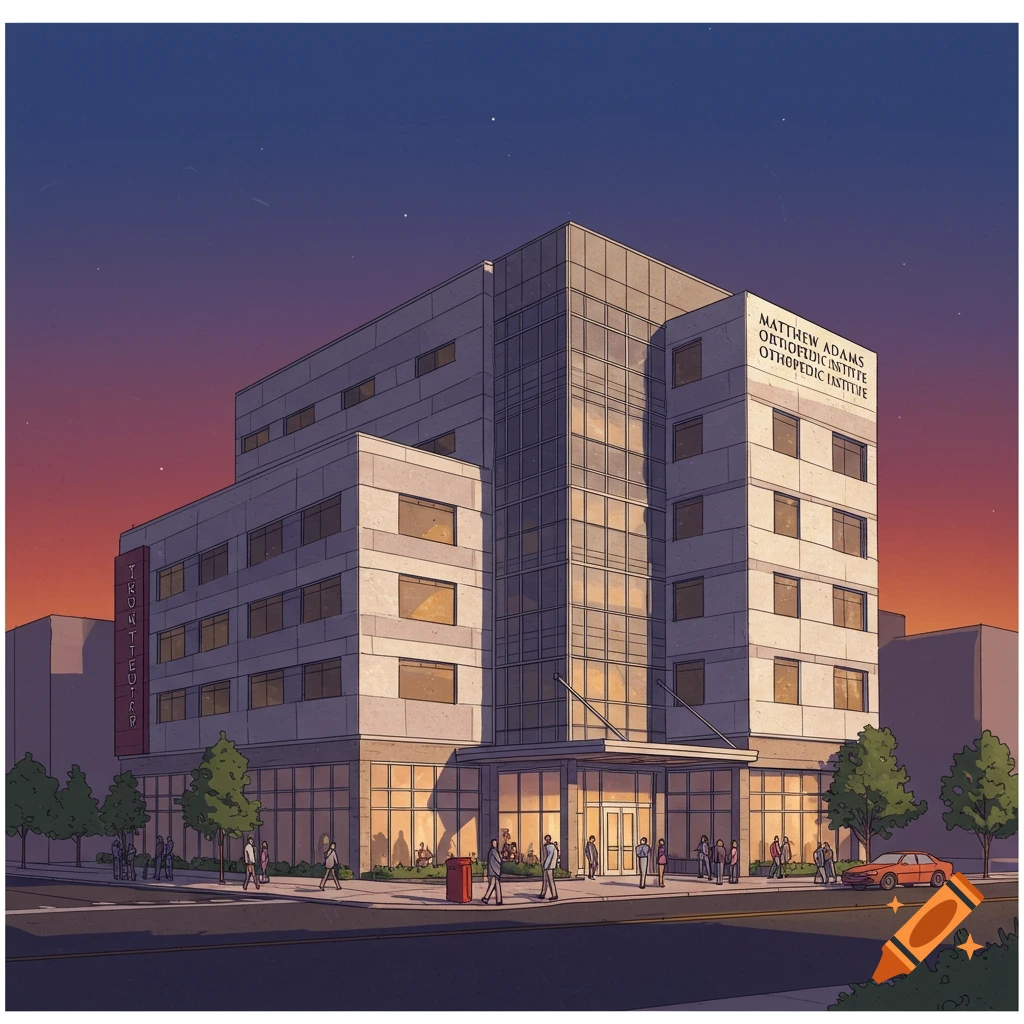 A modern building with a sign, people walking outside at dusk.
