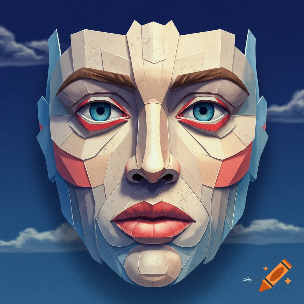 A stylized, geometric face made of paper-like shapes against a blue sky.