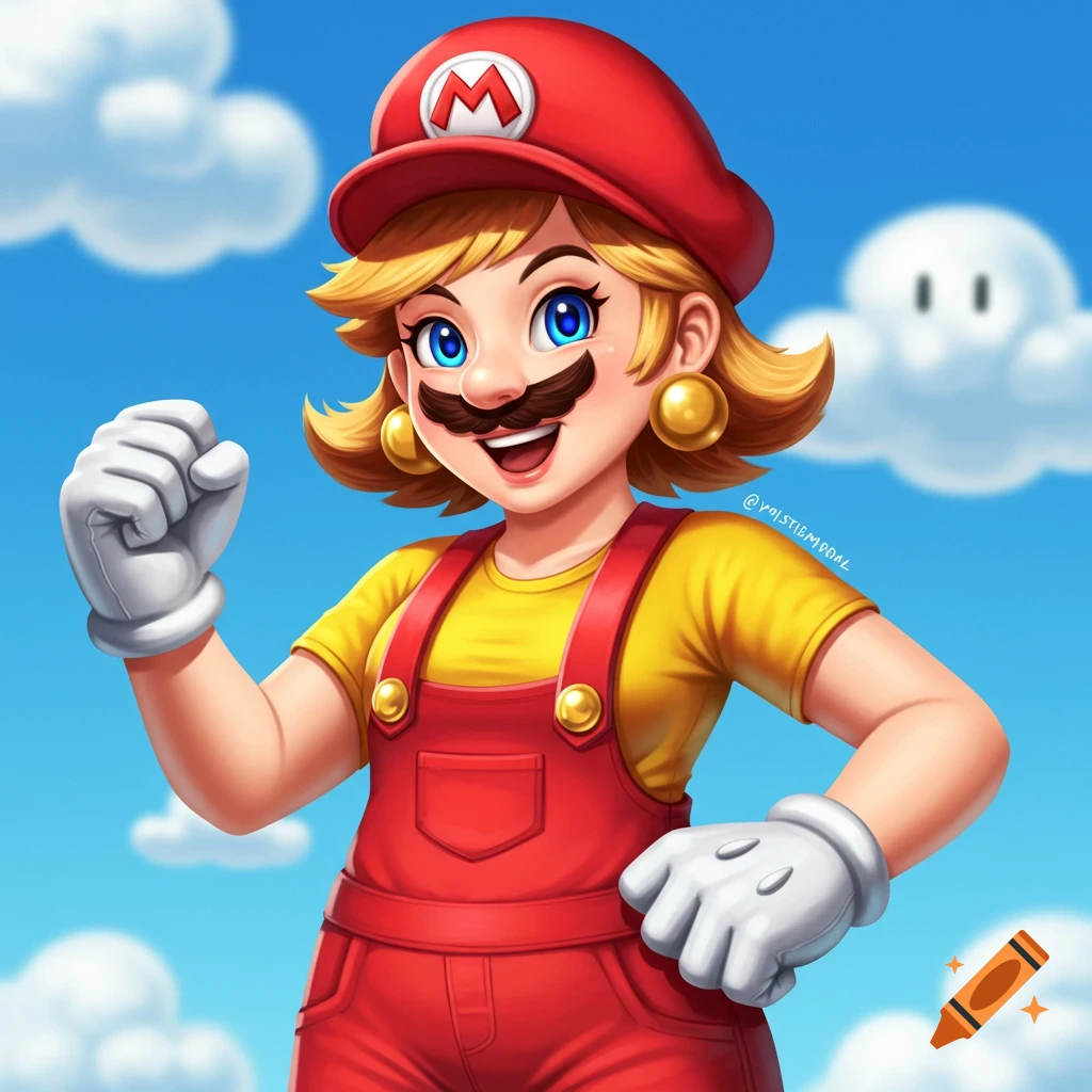 A female Mario with a mustache, smiling and giving a fist pump against a blue sky with clouds.