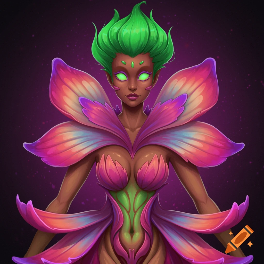 A fantasy female creature with green hair, glowing green eyes, and a body made of vibrant pink and purple flower petals.