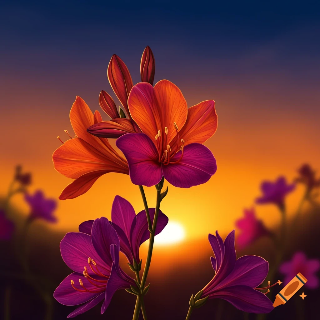 Exotic orange and purple flowers against a sunset.