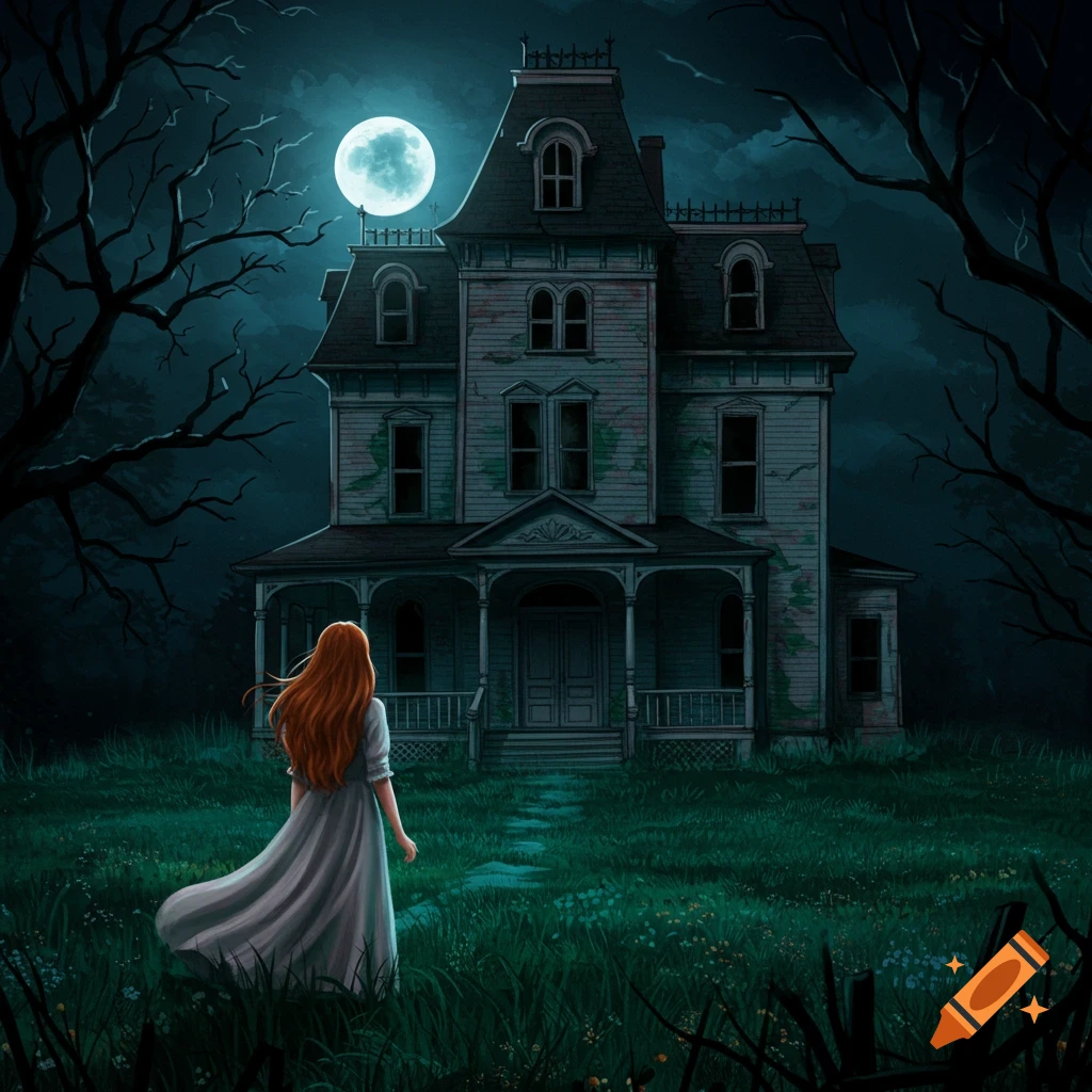 Painting of a girl looking at a haunted house under a full moon.