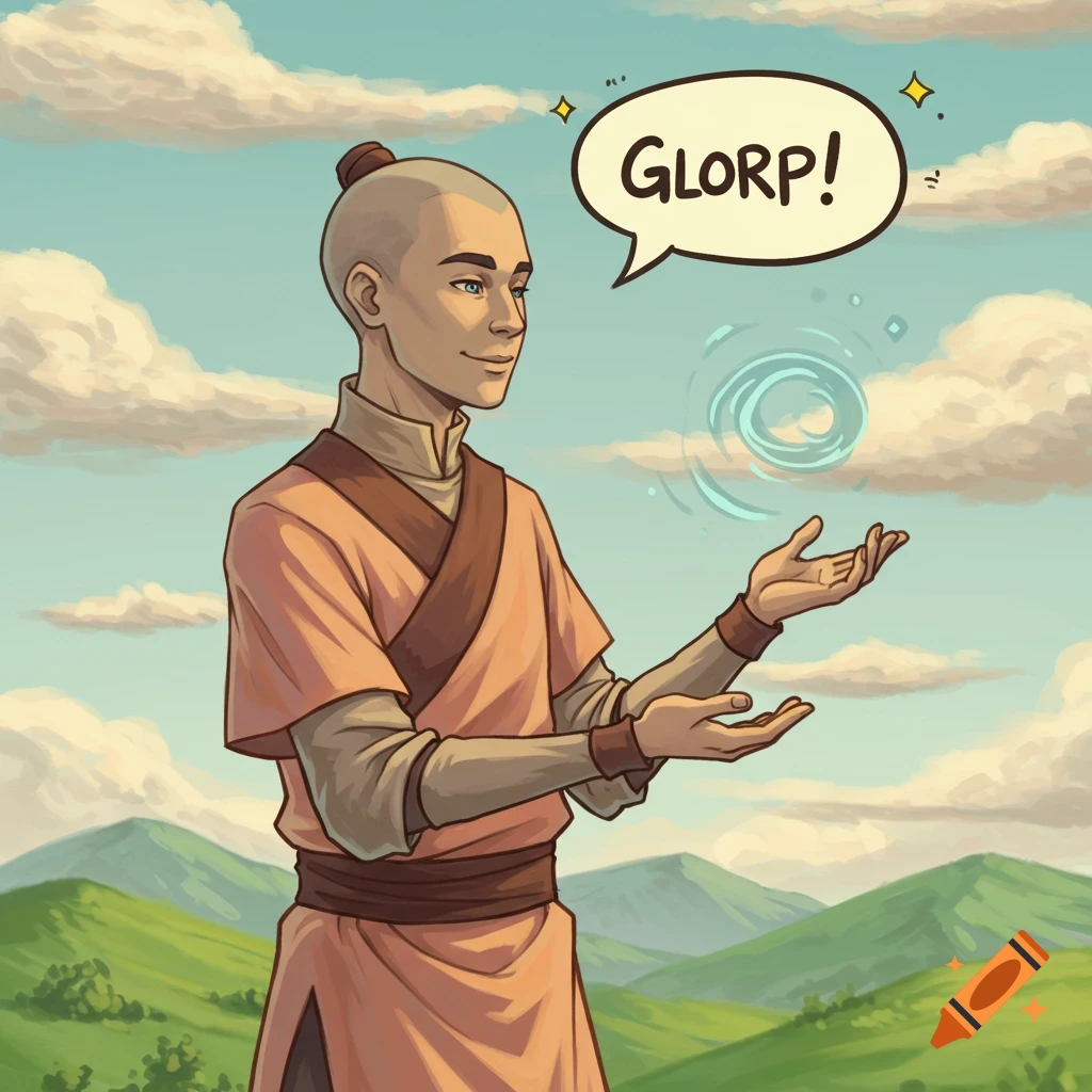 A bald character in orange robes is speaking 'GLORP!' in a speech bubble.