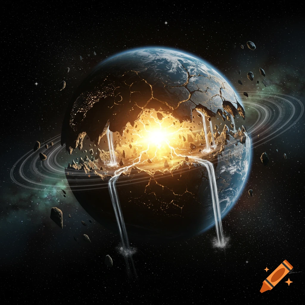 A planet breaking apart in space, revealing a glowing core with waterfalls streaming inward and surrounded by rings and asteroids.