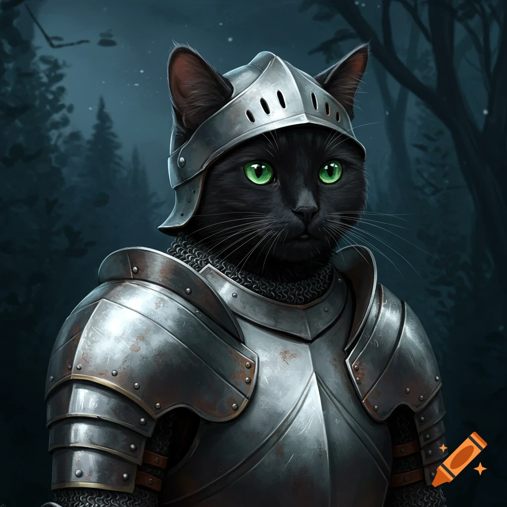 A black cat wearing knight armor against a dark forest background.