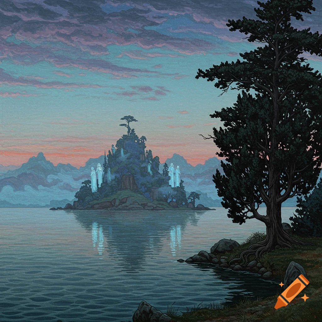 A stylized painting of a dark island with glowing statues in a lake at sunset, with a tree in the foreground.