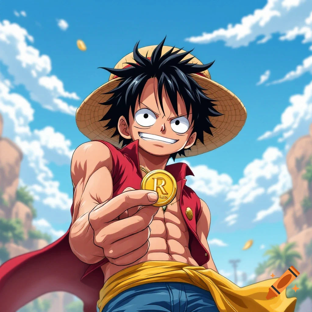 Anime style portrait of Luffy from One Piece holding up a large gold coin with an 'R' on it.