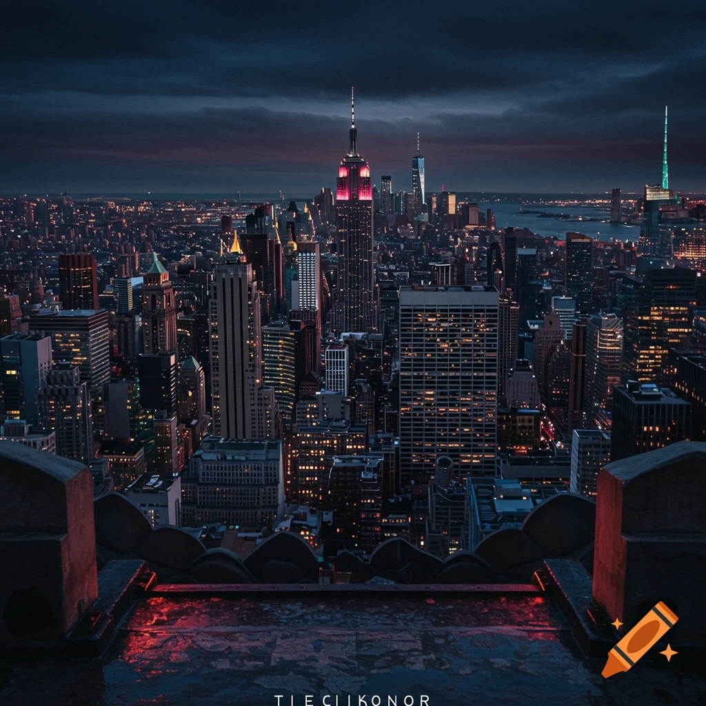 View of the New York City skyline at night from a high vantage point, showing the illuminated Empire State Building and other skyscrapers.