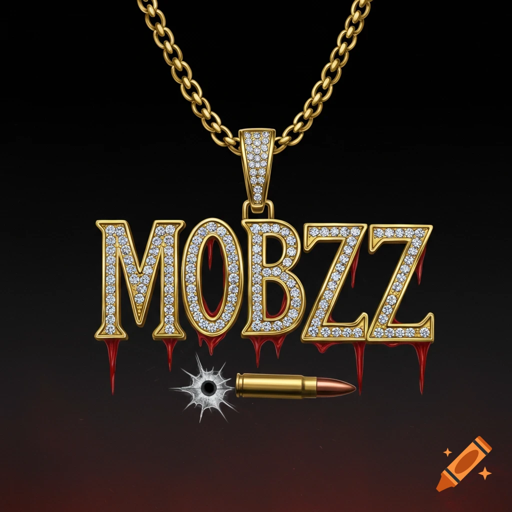 Gold diamond pendant spelling MOBZZ with blood drips, a bullet hole, and a bullet.