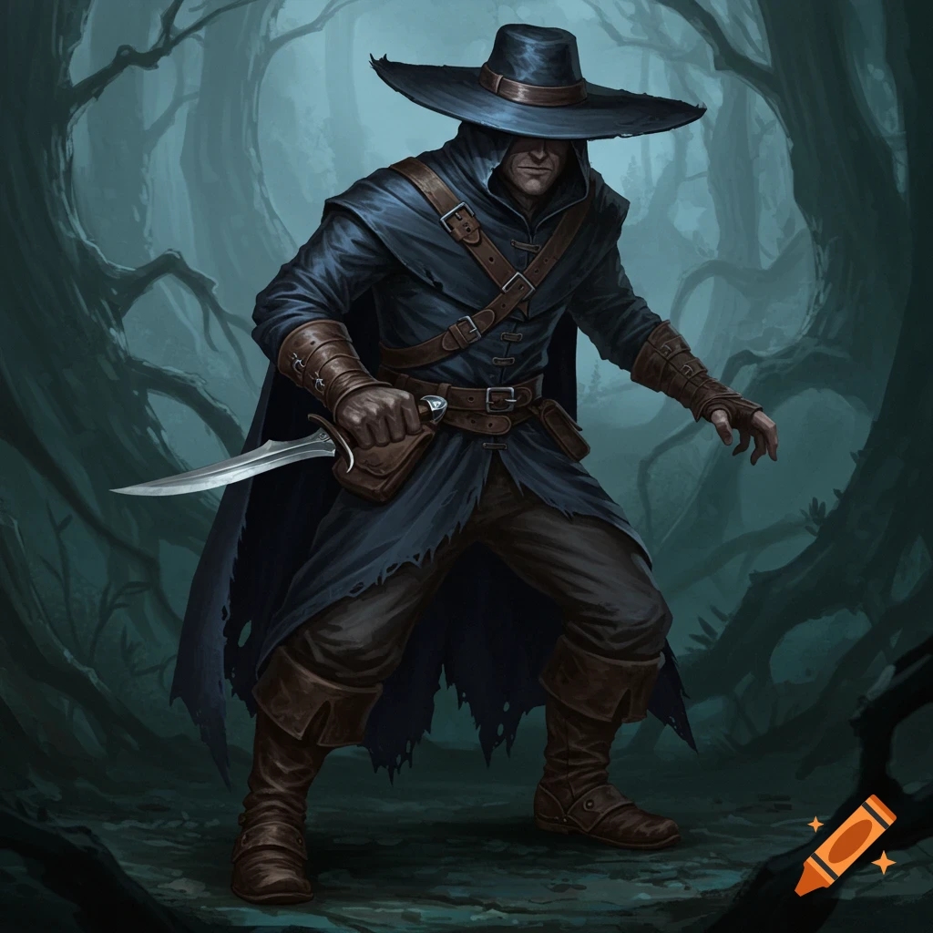 A cloaked figure with a wide hat and knife is in a dark forest.