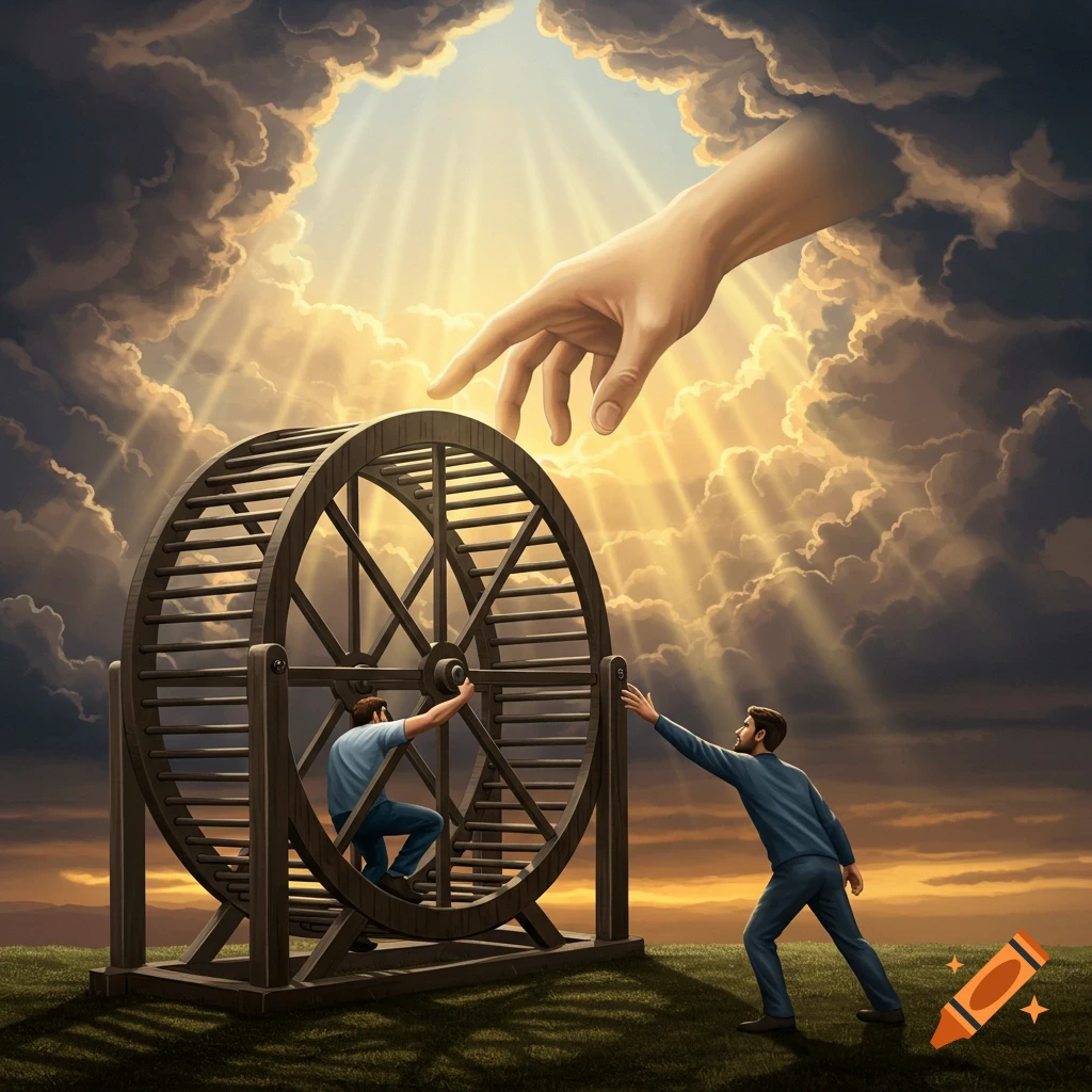 Symbolic image of a man in a hamster wheel being helped out by another man, who is touched by a large hand from the sky.
