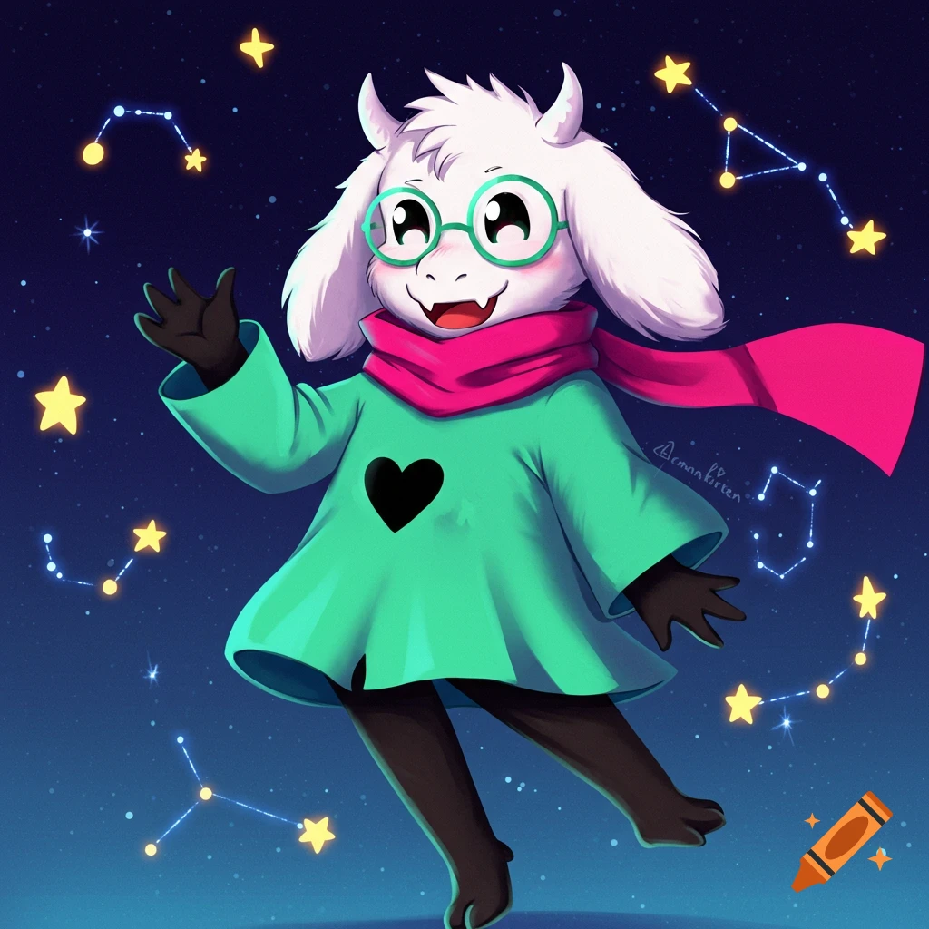 A cute furry character in a green tunic and pink scarf waves against a dark starry background with constellations.
