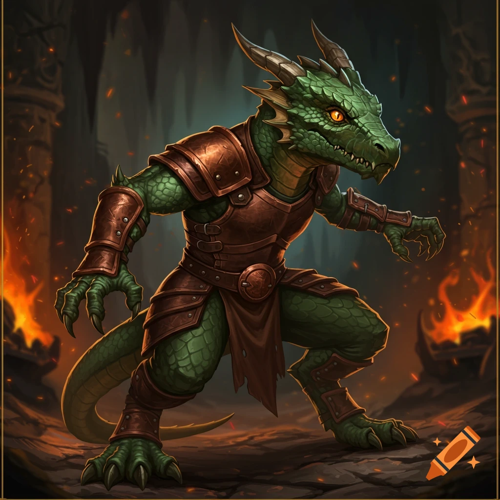 A draconic kobold in leather armor in a cave setting with fire.