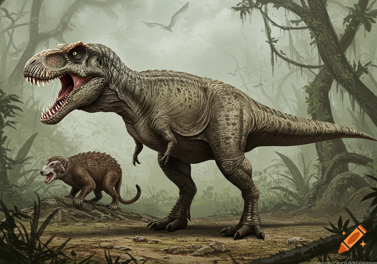 A detailed depiction of a Tyrannosaurus Rex roaring near a smaller mammal-like creature in a misty jungle.