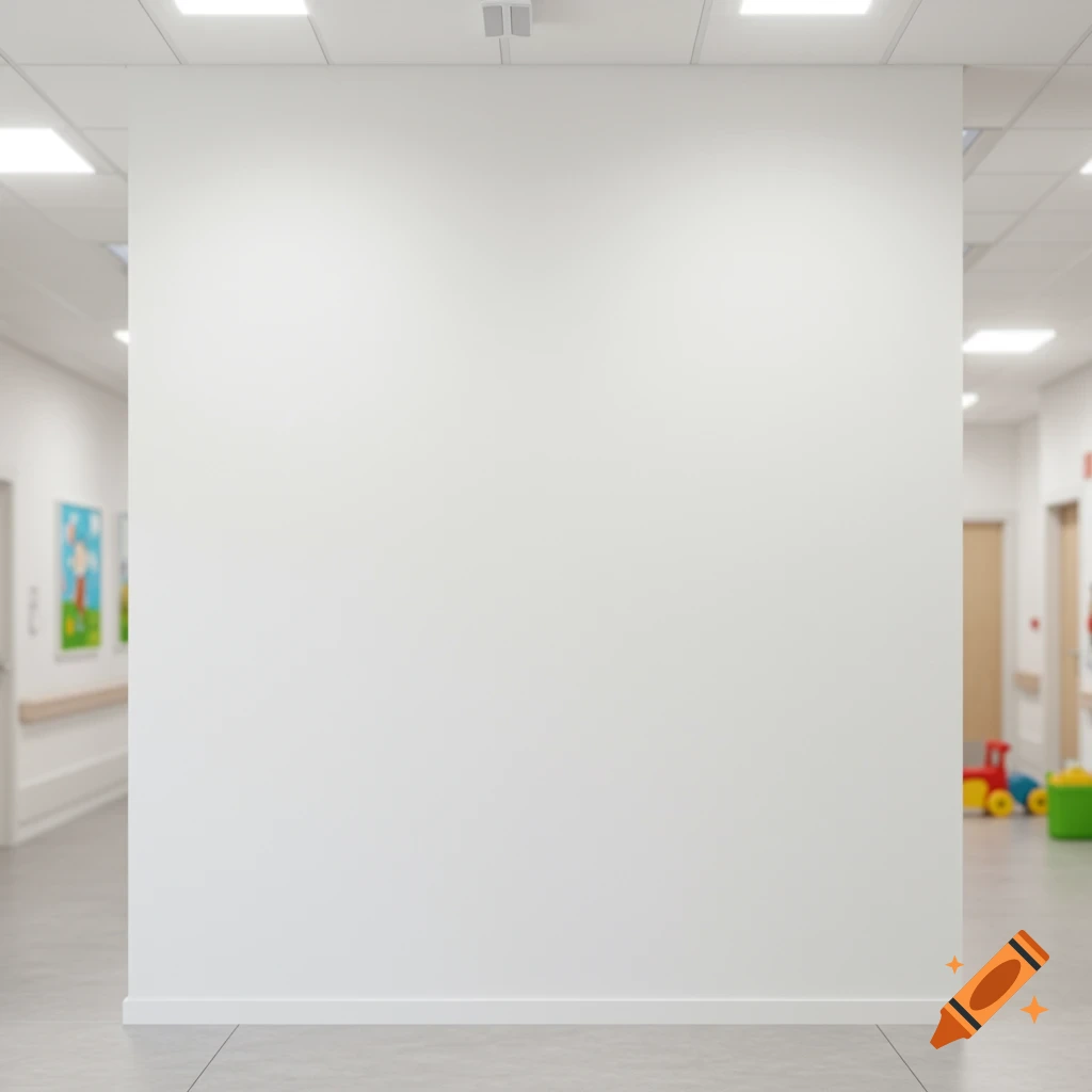 Plain white wall in a children's hospital corridor for mockups.