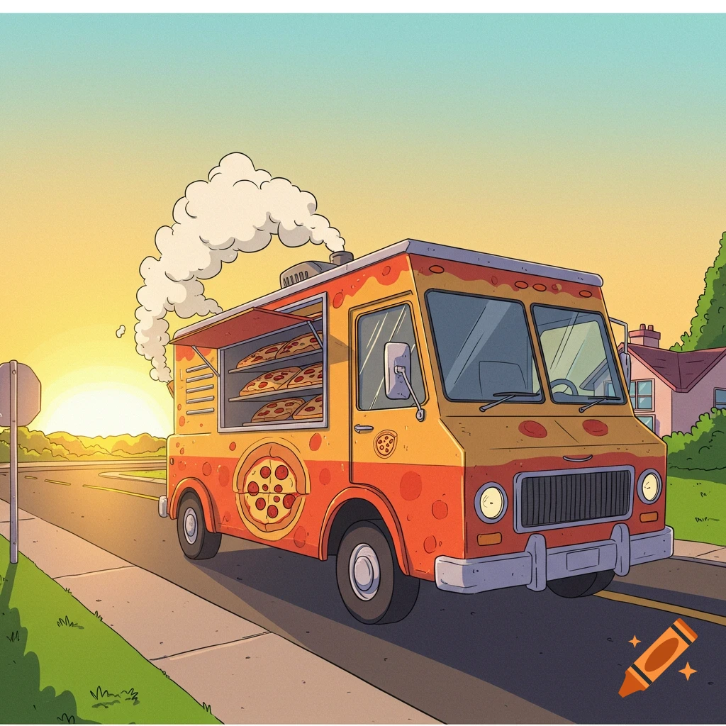 Cartoon pizza truck driving on a road at sunset