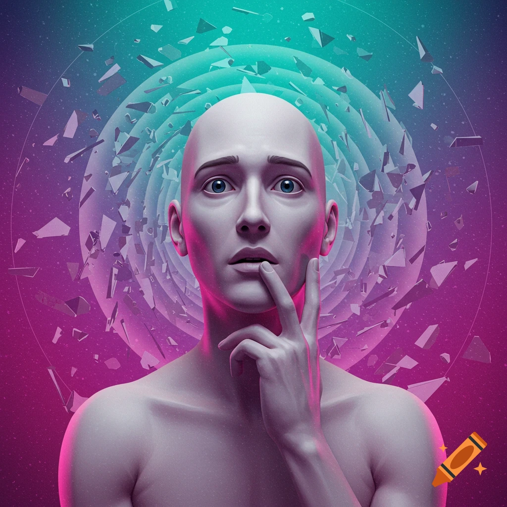 Bald person with finger on chin, against swirling fragmented shapes in teal and pink