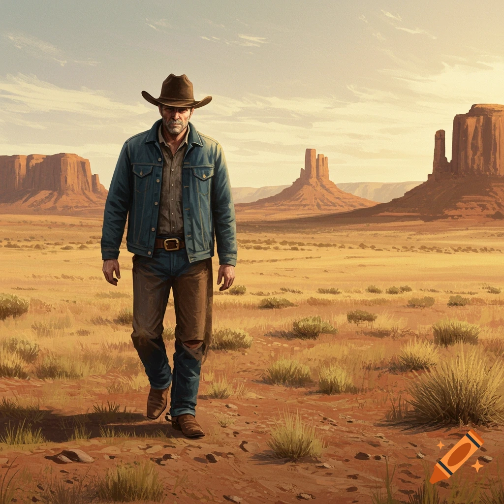 A cowboy walking through a desert landscape.