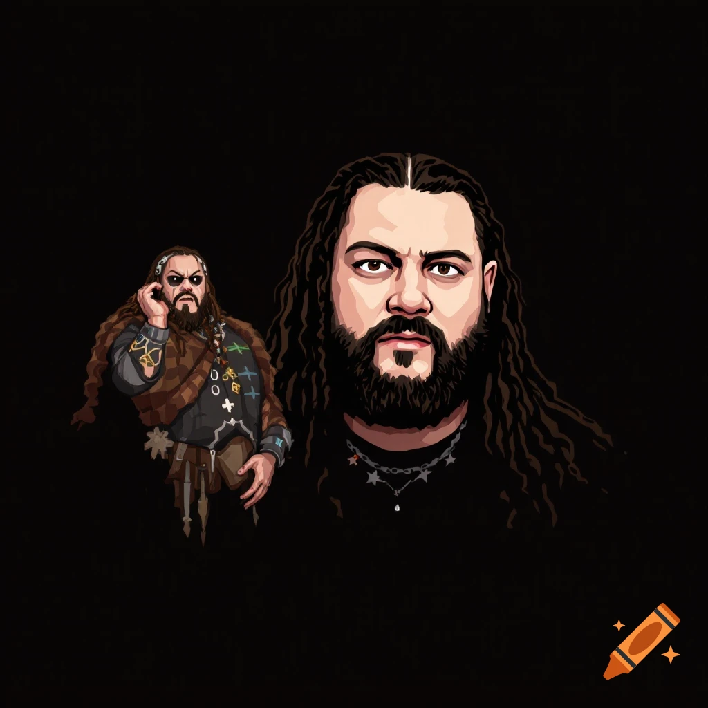 Stylized illustration of a man resembling Bray Wyatt, with a smaller figure of the same character