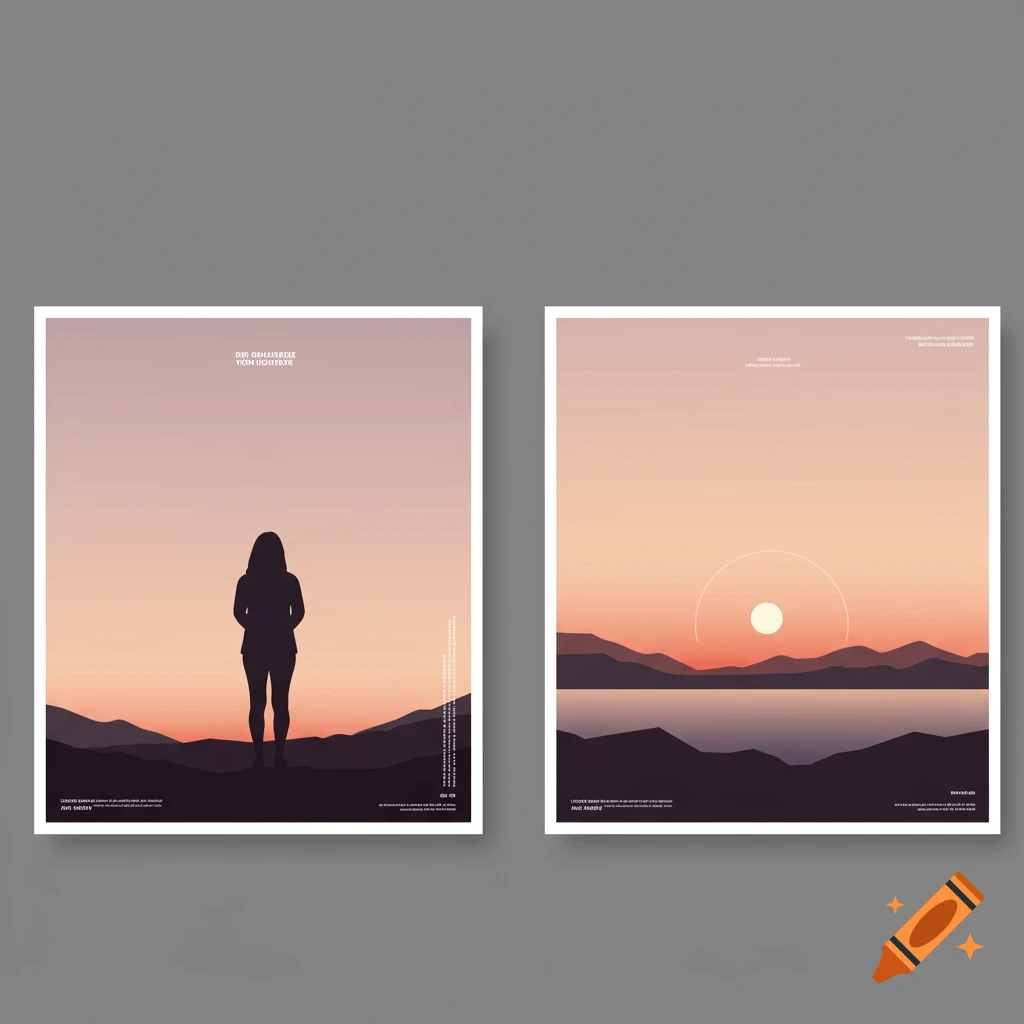 Two minimalist posters with vectorized landscape scenes and a silhouette figure against sunsets.