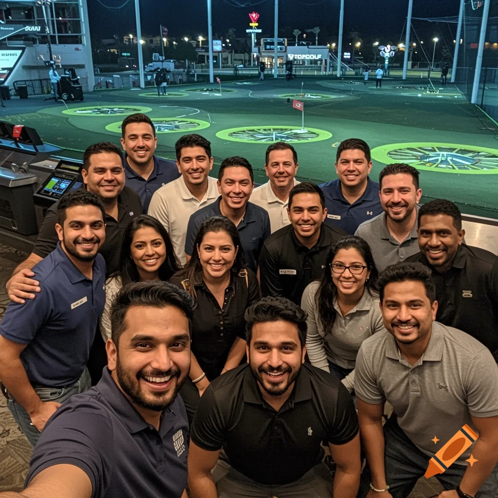 A large group of diverse people smile for a photo at Topgolf.
