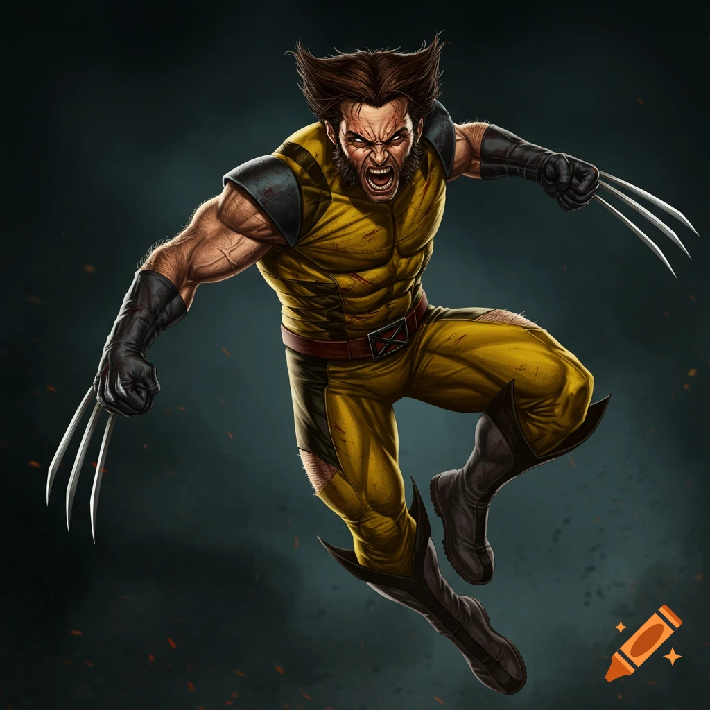 Marvel superhero Wolverine jumping with claws extended.