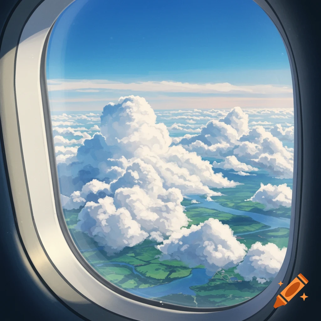 Anime view from an airplane window showing clouds, green land, and rivers below.