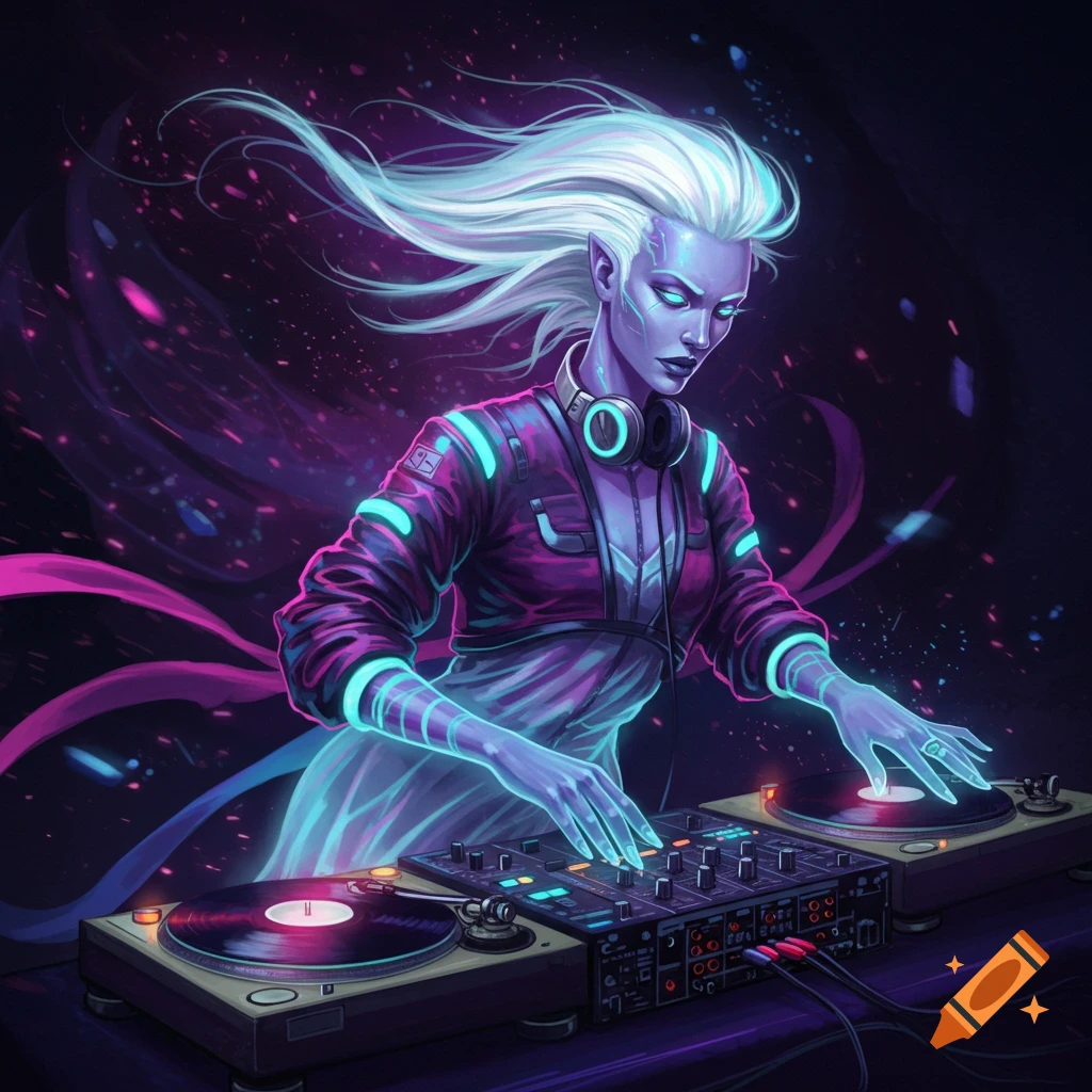 A fantasy figure, a ghost lady, DJing on turntables with a futuristic, neon background