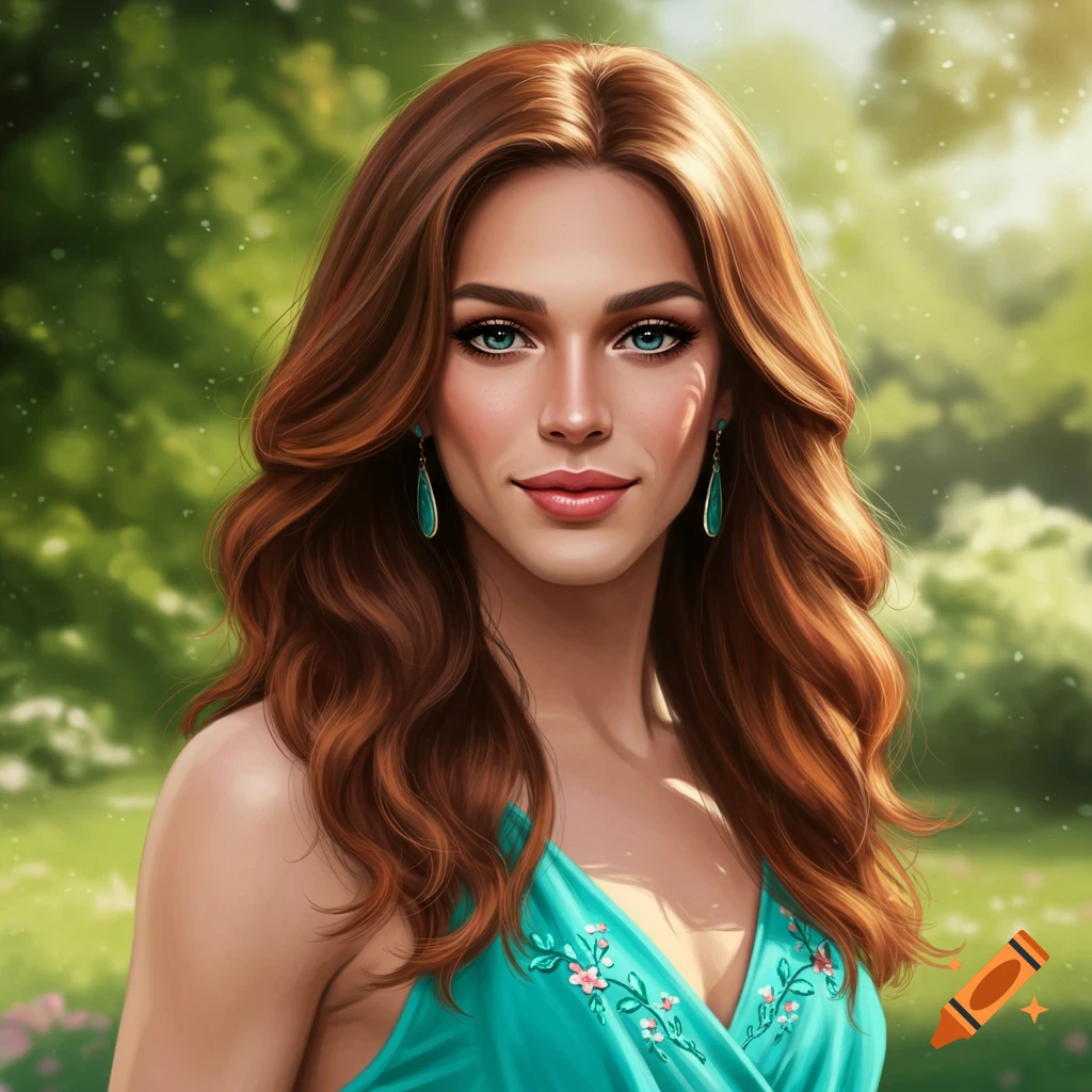 A portrait of a woman with long brown hair and blue eyes, wearing a teal dress with floral embroidery, in an outdoor setting.