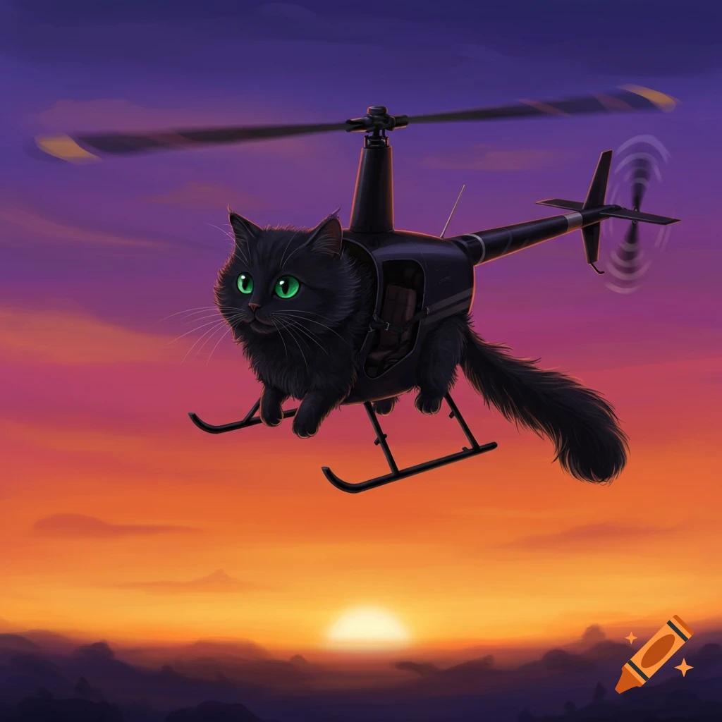 A black cat flies a helicopter at sunset.