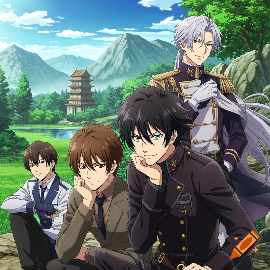 Four anime men pose in an outdoor scene with mountains and a pagoda.