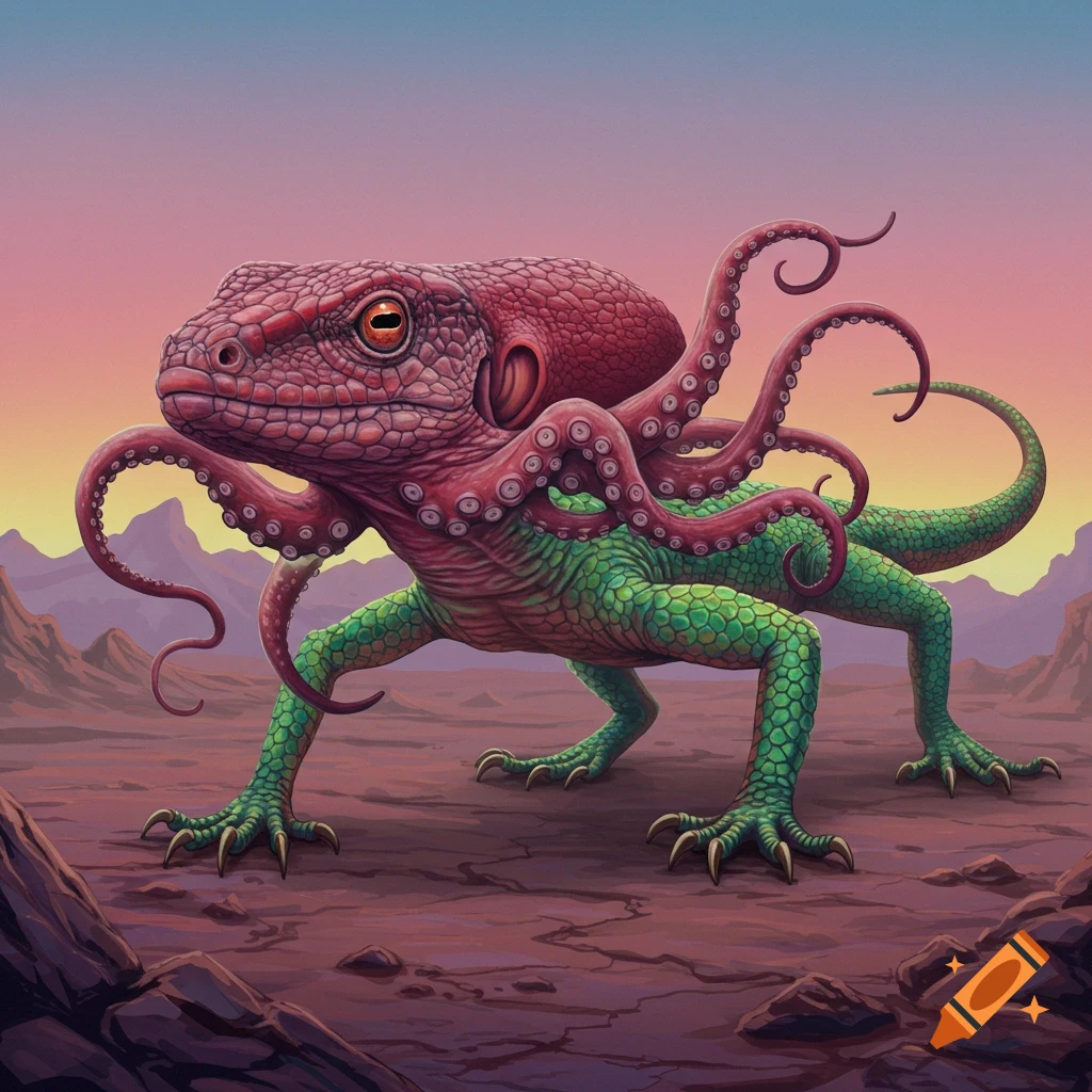 A creature with a green lizard body and red octopus head stands in a rocky landscape.