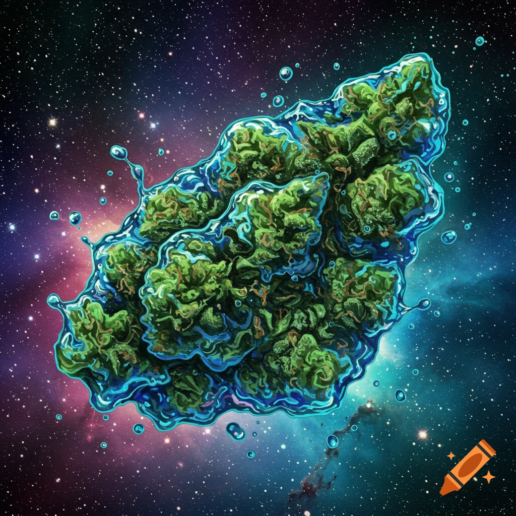 A close-up image of a cannabis bud covered in water drops, seemingly suspended in the vastness of space.