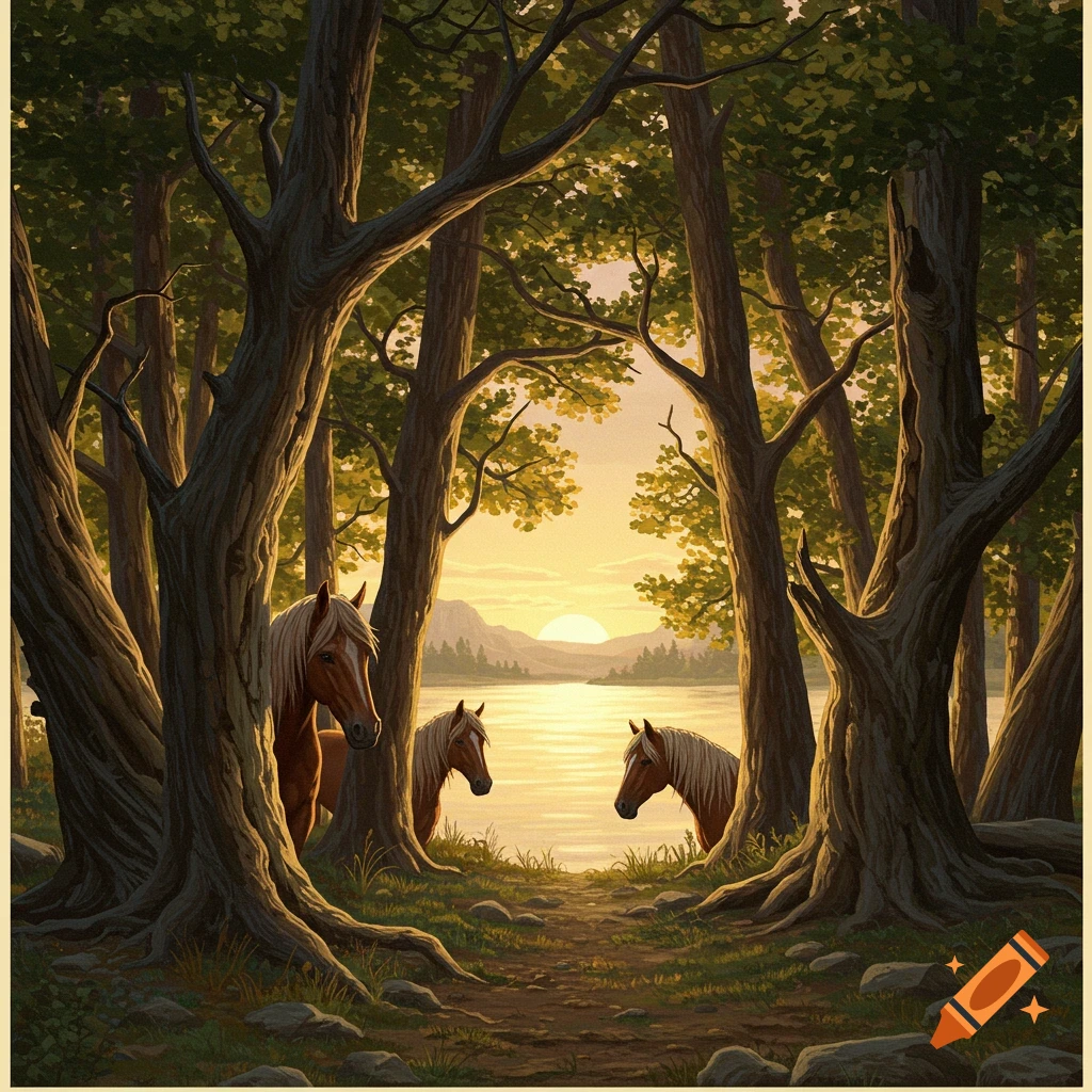 Three horses stand in a forest clearing looking out at a sunlit lake.