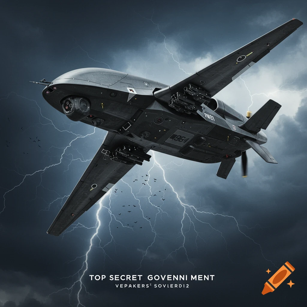 A dark grey military drone flies through a stormy sky with lightning.